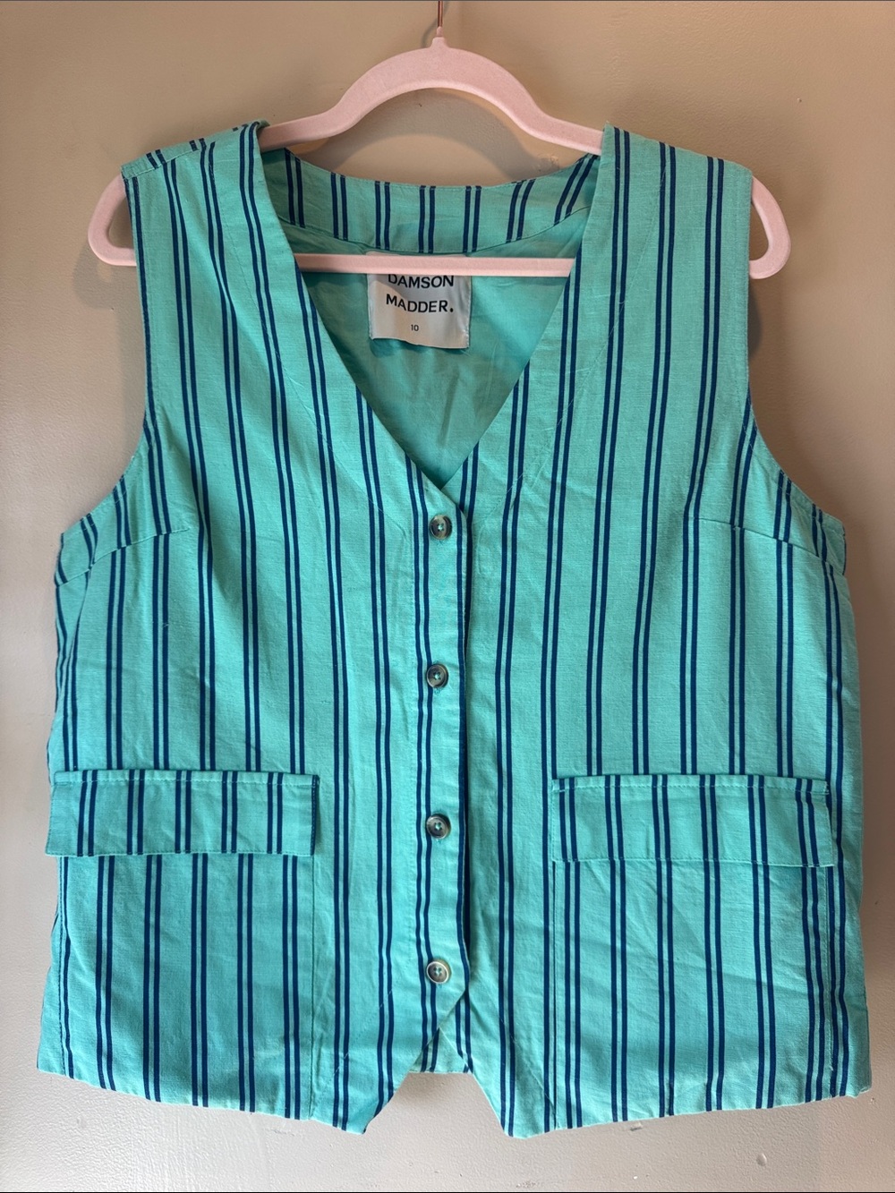 Damson Madder Coco Oversized Waistcoat / Vest in Mint Stripe